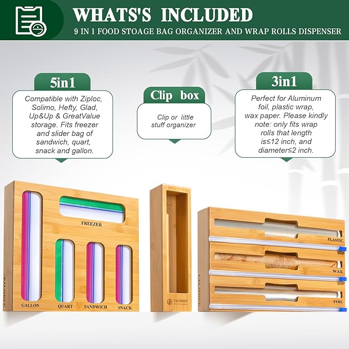 Calmbee 9 in 1 Bamboo Storage Bag Organizer for Kitchen Drawer – Plastic Wrap Dispenser with Cutter & Foil Organizer, Wooden Baggie Organizer for Sandwich, Snack, Gallon, Quart Sizes, Natural