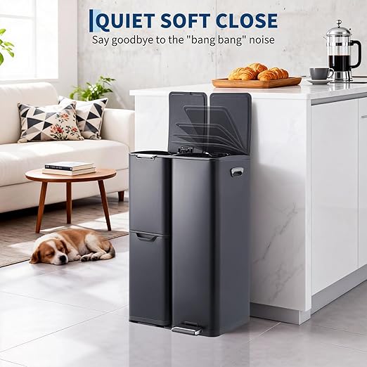 16 Gal Recycle Bins for Kitchen, Triple Compartment Garbage Can with Lid, Stainless Steel Trash and Recycling Bin Combo with Inner Bucket & Foldable Foot Pedal for Home Office, Black