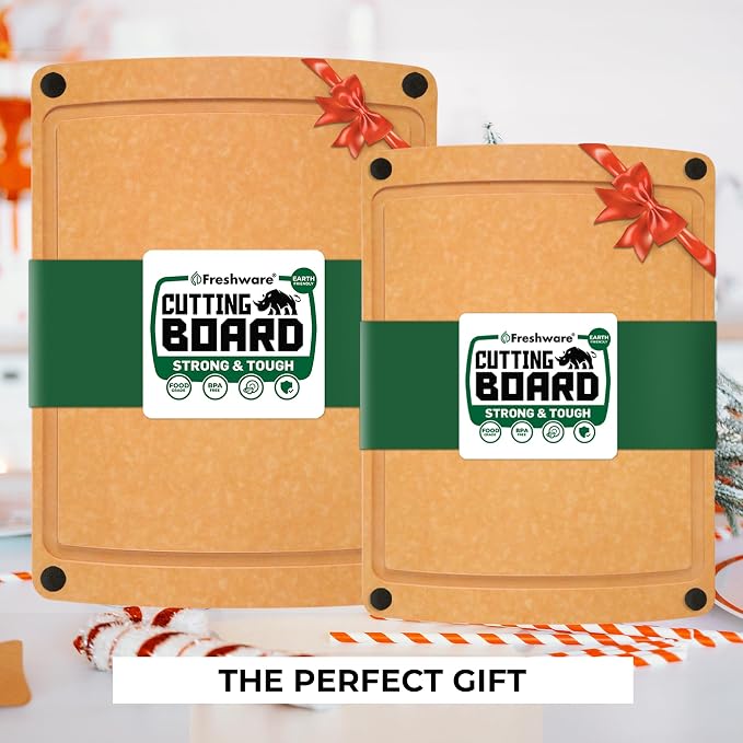 Freshware Wood Cutting Boards for Kitchen, Juice Groove, Non-Slip Silicone Feet, Dishwasher Safe, Medium 12" x 9" and Large, 15" x 11.25", Set of 2, Natural