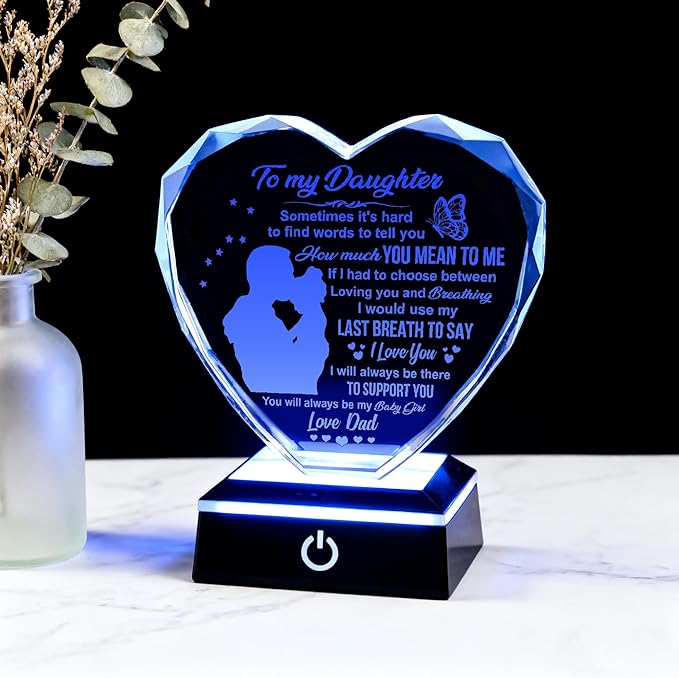 ZHSHWAT Daughter Gifts, K9 Crystal Heart with Color-Changing Base - Lifetime Gift from Dad to Daughter, Birthday Graduation Present, Elegant Gift Box