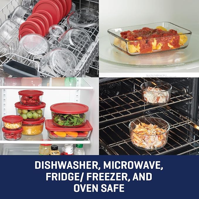 Anchor Hocking 18 Piece Glass Storage Containers with Lids (9 Glass Food Storage Containers & 9 Red SnugFit Lids)