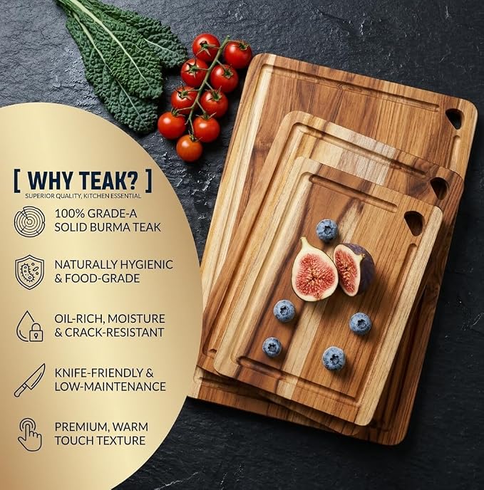 24”×18” Teak Wood Cutting Board for Kitchen, Knife-Friendly Chopping Boards with Juice Grooves & Storage Stand, Heavy Duty Wooden Boards for Meat, Fruit & Cheese, Ideal Housewarming Gift