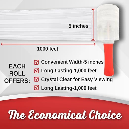 12 Pack Industrial Strength Mini Hand Stretch Wrap with 2 Plastic Handles, 60 Gauge Thick, 5" x 1000 Ft Roll, Shrink Wrap Roll for Moving Pallets, Plastic Wrap for Packing, Heavy Duty Stretch Film