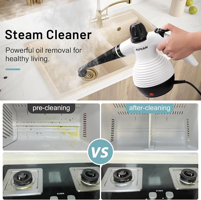 Handheld Steam Cleaner,Multi-Purpose with 10-Piece Accessory Set, for Stovetops, Ovens, Countertops, Sinks, Windows – Removes Dirt, Grease & Stubborn Stains