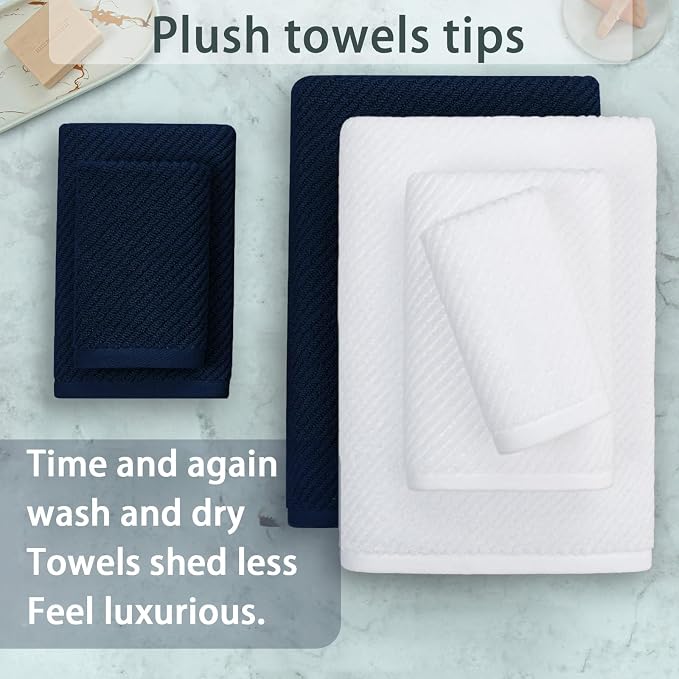 VOOVA & MOVAS 6PC Towel Set, 100% Cotton, Blue White | 2 Large Bath 30x56 In, 2 Hand 18x28 In, 2 Washcloths 13x13 In, Quick Dry, Soft, Thick, Bathroom Essentials