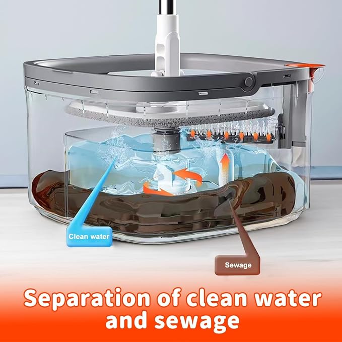 Spin Mop and Bucket with M16 Self Separation Dirty and Clean Water System with 2Pads, Self Wringing 360° Rotating Clean Mop-Head and Bucket Set for Hardwood Tile Marble Floors Mop-Grey