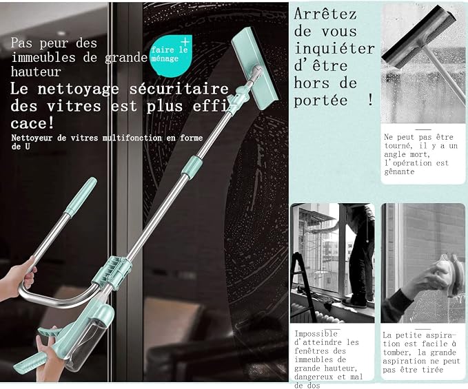 Window Cleaner Tool Kit with Telescopic U Shaped Pole,Squeegee for Window Washing,Water Sprayable,Rotatable Cleaning Head,Clean Inside and Outside Windows Without Leaving Dead Ends