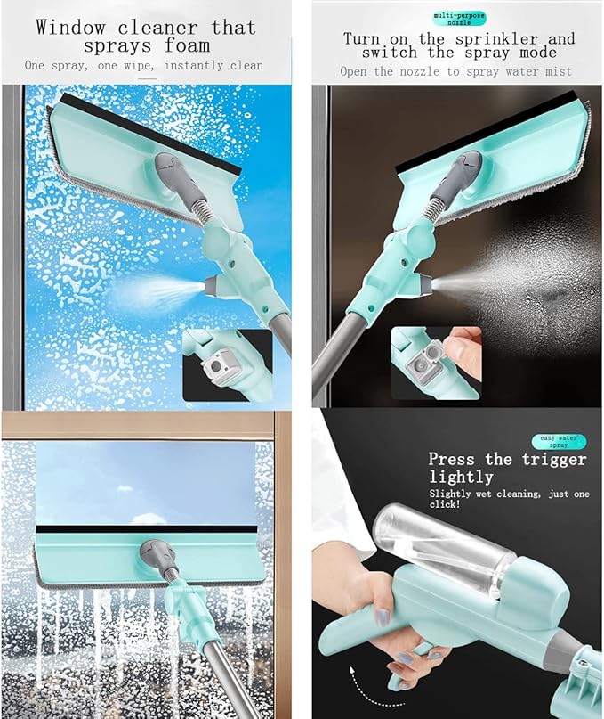 Window Cleaner Tool Kit with Telescopic U Shaped Pole,Squeegee for Window Washing,Water Sprayable,Rotatable Cleaning Head,Clean Inside and Outside Windows Without Leaving Dead Ends