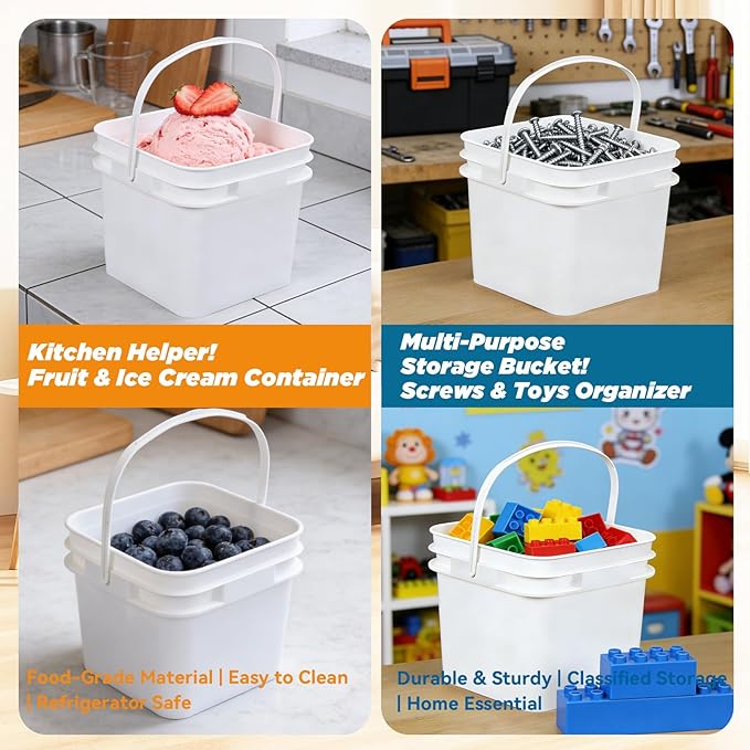 34 oz Food Storage Buckets with Lids, 4 Pack Square BPA Free Plastic Containers with Handles and Labels for Snacks, Meal Prep, Pantry and Freezer (White)