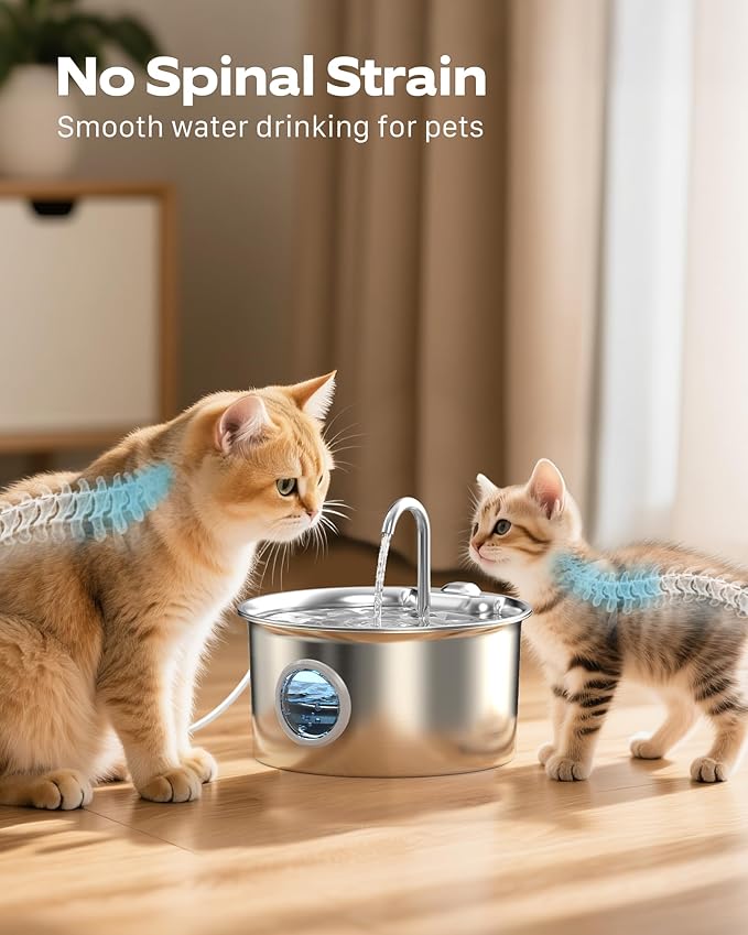Stainless Steel Cat Water Fountain: Cat Fountain with 6 Filters + 3 Sponges - 88oz/2.6L Pet Water Fountain for Cats Inside - Silent Cats Water Bowl Dispenser - ATMZIQXR Kitty Drinking Fountains