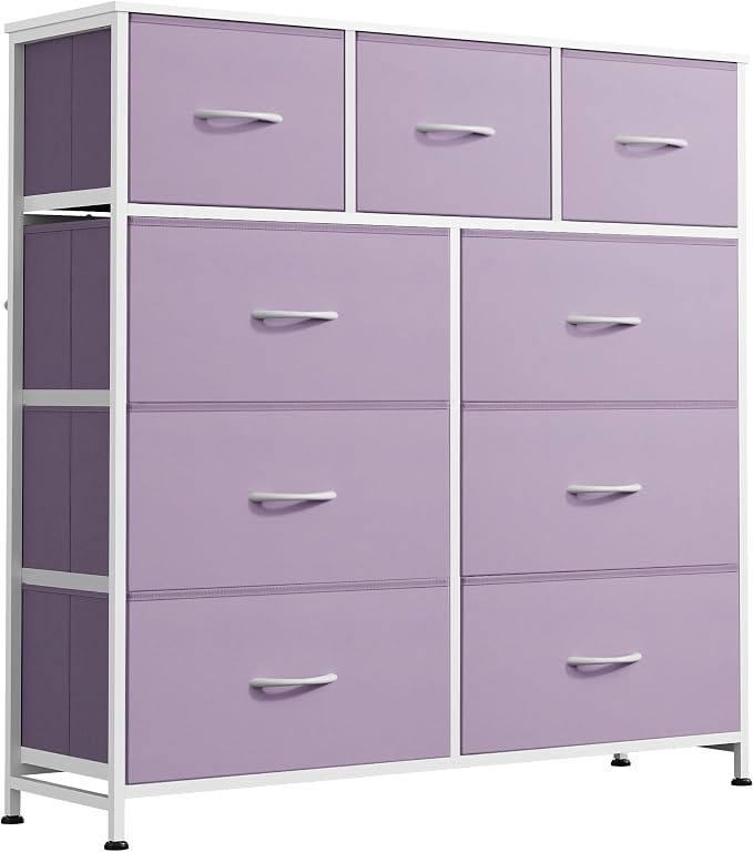 WLIVE 9 Drawer Dresser, Fabric Storage Tower for Bedroom, Hallway, Closet, Tall Chest Organizer Unit for Bedroom with Fabric Bins, Steel Frame, Wood Top, Easy Pull Handle, Purple