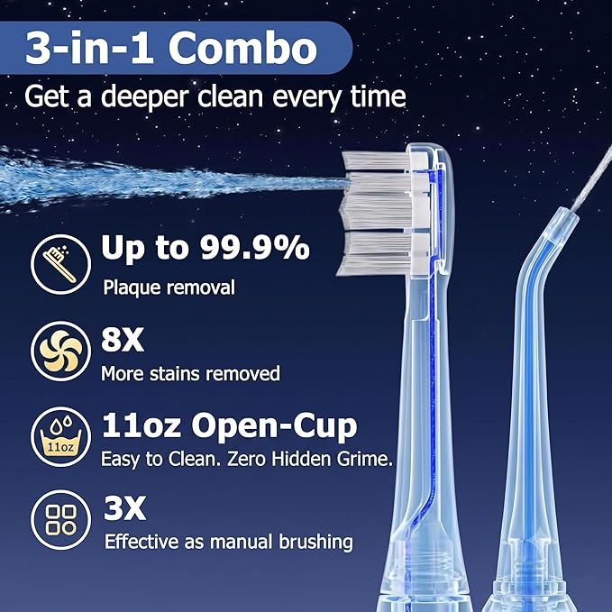 Electric Toothbrush with Water Flosser Combo, Compact 3-in-1 Flossing Toothbrush, 40000 VPM Sonic Brushing,11oz Easy-Clean Detachable Tank, Space-Saving Care for Sensitive Braces,30-Day Battery