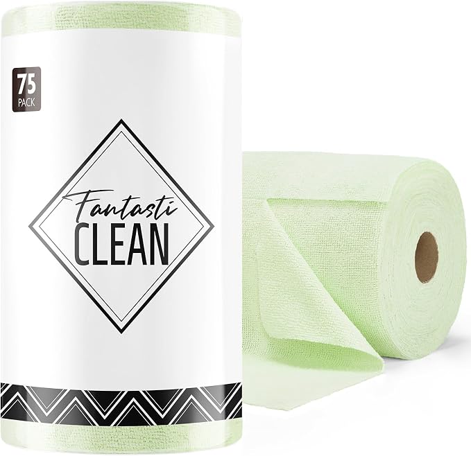 Fantasticlean Microfiber Cleaning Cloth Roll -75 Pack, Tear Away Microfiber Towels, 12" x 12", Reusable, Washable, Scratch Free, Ultra Absorbent Dishcloth for All-Around Cleaning Supplies (Green)