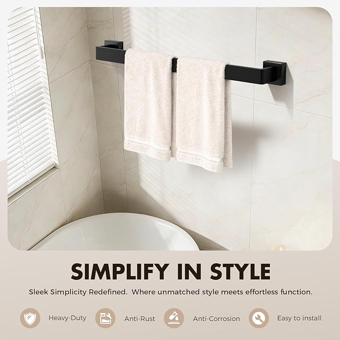 20-Pieces Matte Black Bathroom Accessories Set, Stainless Steel Bathroom Hardware Set, Towel Racks for Bathroom Wall Mounted 24 Inch Bath Towel Bar Set.