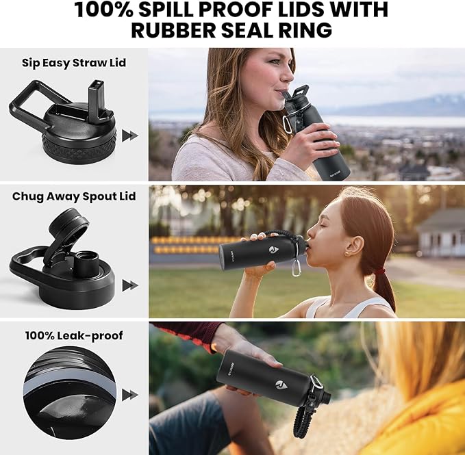 RAYMYLO Insulated Water Bottle 40 oz, Triple Wall Vacuum Stainless Steel (Cold for 36Hrs, Hot for 18Hrs), Leak Proof & Non-BPA, Modern Water Flask Jug with Paracord Handle & Straw Spout Lids