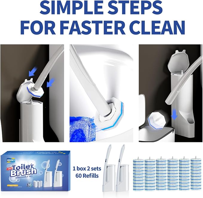 Hohoky Disposable Toilet Brush Cleaning System, Two Sets of Wands and 60p Refills Pads Replacement Heads, Wall Mounted Toliet Stick Wand Starter Kit Bathroom Maintenance, Toilet Bowl Cleaner Holder