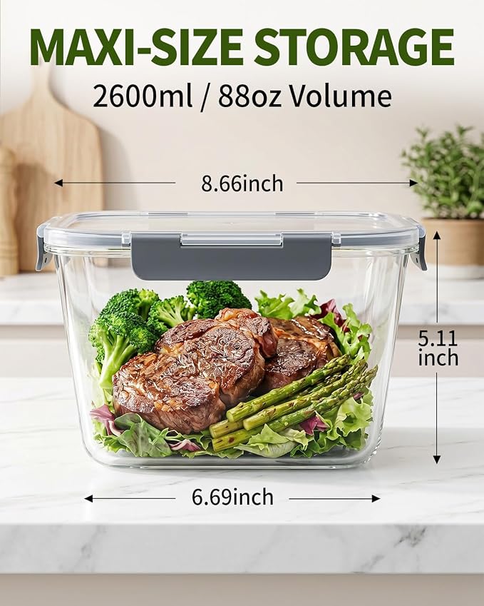 2 Pack 88oz/11 Cups Large Glass Storage Containers with Lids, High Borosilicate BPA Free Airtight Leakproof Meal Prep Containers for Microwave, Freezer & Dishwasher, Kitchen, Gym & Picnic,Baking
