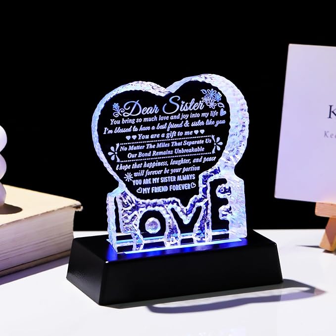 YWHL Sister Birthday Gifts from Sisters, Gifts for Sister from Brother, Crystal Heart Keepsake to My Sisters Gift on Christmas Mother's Day