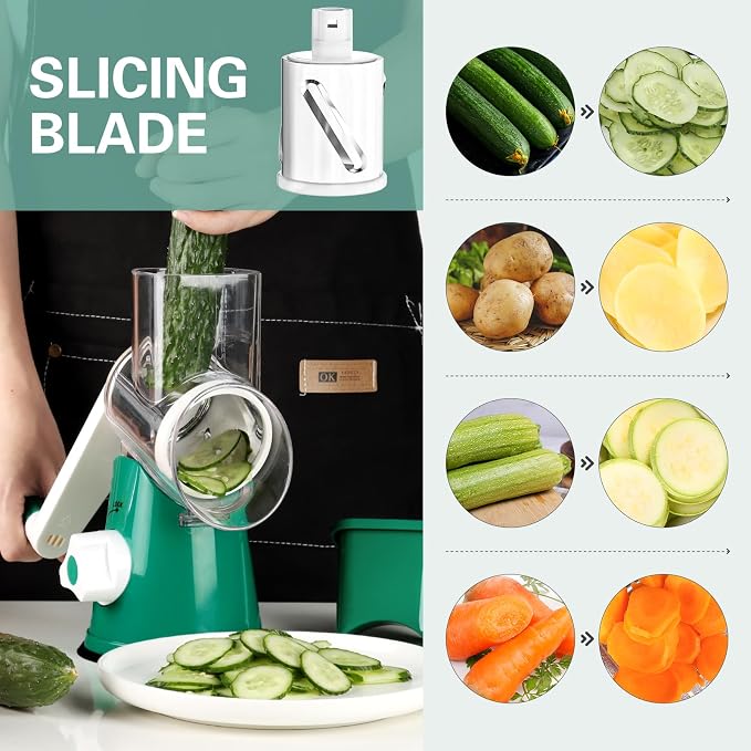 Cambom Rotary Cheese Grater Hand Crank Cheese Shredder for Fresh Cheese, Vegetable, Nuts,Non-slip Suction Base, Three Blades, Dark Green