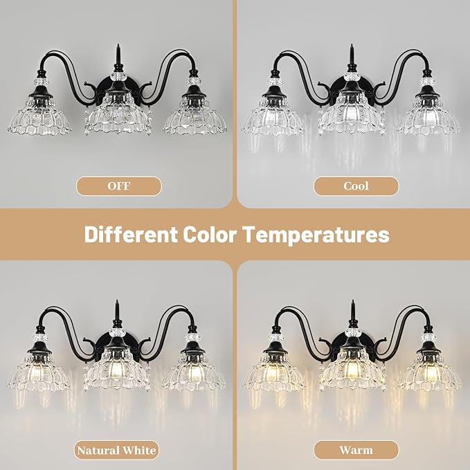 Black Bathroom Vanity Light, 3-Light Matte Black Finish Farmhouse Wall Sconce with Hanging Crystal Accents and Flower-Shaped Clear Glass Shades, Retro Wall Mount Vanity Light Over Mirror for Bathroom