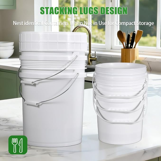 3 Pack 5 Gallon White Plastic Buckets with Lid & Metal Handle, 1 Pack 2.6 Gal Small Plastic Bucket with Spiral Lid & Handle Food Grade Storage Containers for Water, Cleaning, Halloween