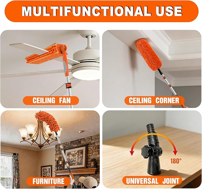 SISIUPASSIE 36FT Reach Ceiling Fan Cleaner Duster, Ceiling Fan Blade Cleaner with Extension Pole, Washable & Replaceable Microfiber Feather Duster Kits