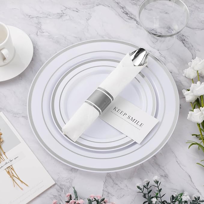 BESTVIP 525PCS Silver Plastic Dinnerware Set for 75 Guests, Disposable Plates for Party, Include: 150 Plastic Plates, 75 Pre Rolled Napkins with Silver Silverware, 75 Cups for Christmas