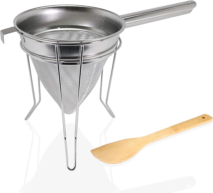 Anchy Premium 8" Chinois Fine Mesh Strainer Set with Stand & Bamboo Spatula – 18/8 Stainless Steel China Cap Cone Sieve, Professional Bouillon Strainer for Sauces, Soups, Broth, Stock, Jelly & Purees