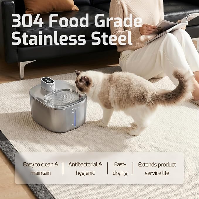 Wireless Cat Water Fountain Stainless Steel,135floz/4L Battery Operated Automatic Pet Fountain,Cordless Cat Water Dispenser Pet Drinking Water Fountain for Multicat Cats Dog Outdoor
