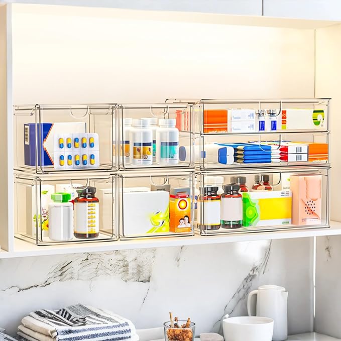 caktraie Acrylic Stackable Storage Drawers Set of 6, Clear Plastic Storage Drawer Organzier, Storage Organizer, Makeup Organizer,Ideal for Vanity, Bathroom,Cabinet,Pantry Organization
