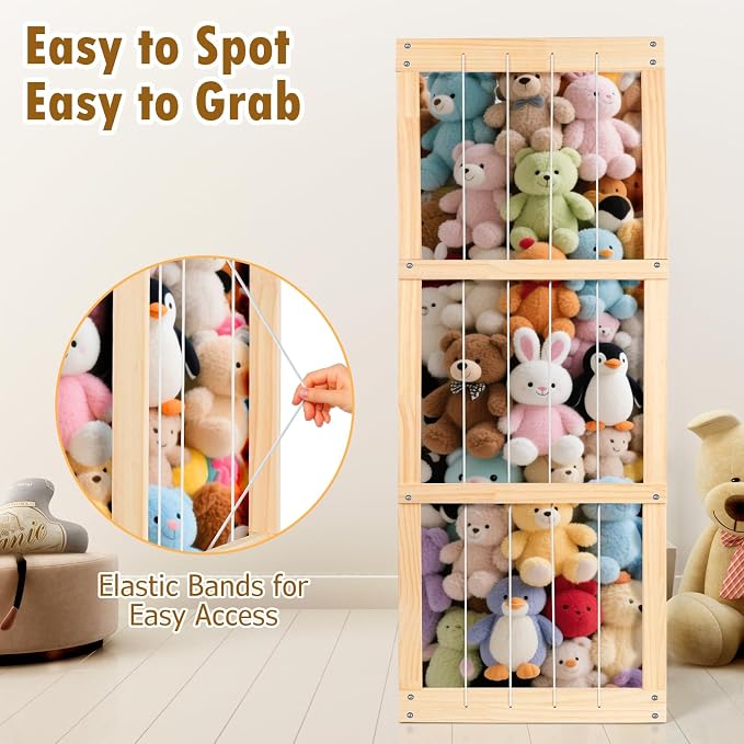 Stuffed Animal Storage – Large Capacity Toy Organizers for Kids | Wooden Stuffed Animal Holder with Elastic Zoo Bars | Plushies Storage Toy Chest for Nursery, Playroom, or Bedroom