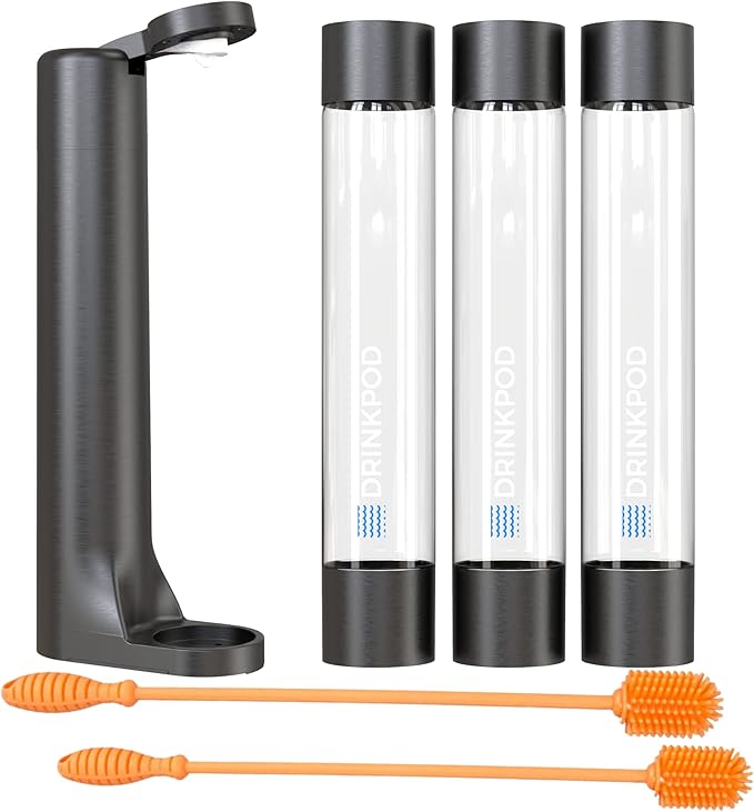 Fizzpod Home Soda Maker Sparkling Water Carbonator With 3 Bottles and 2 Bottle Brushes (Black)