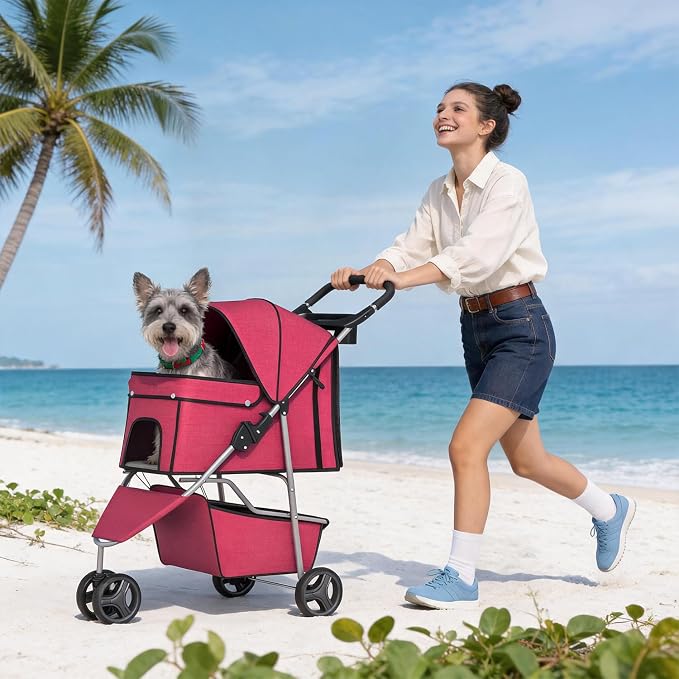 BestPet 3 Wheels Pet Dog Stroller Cat Cage for Medium Small Dogs Cats Travel Folding Carrier Waterproof Puppy Stroller with Cup Holder & Removable Liner,Red