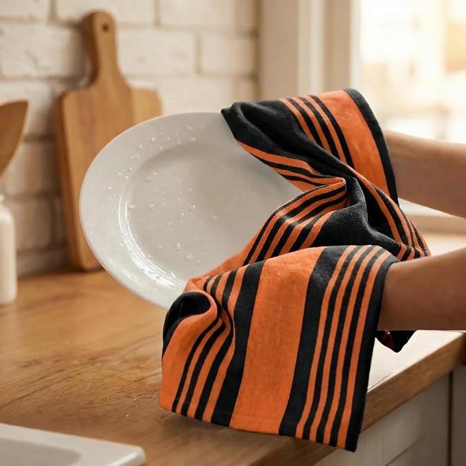 Urban Villa Kitchen Towels Cotton Dish Towels 20”x30” (Set of 6) Orange Blk