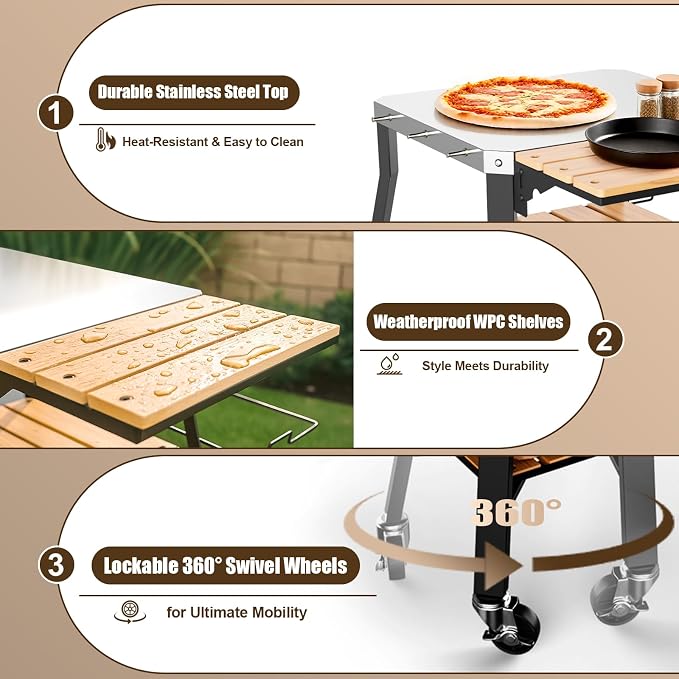 Pizza Oven Stand with Wheels, for Ninja Woodfire | Outdoor prep table for pizza ovens, grills and kitchen work, with movable storage design