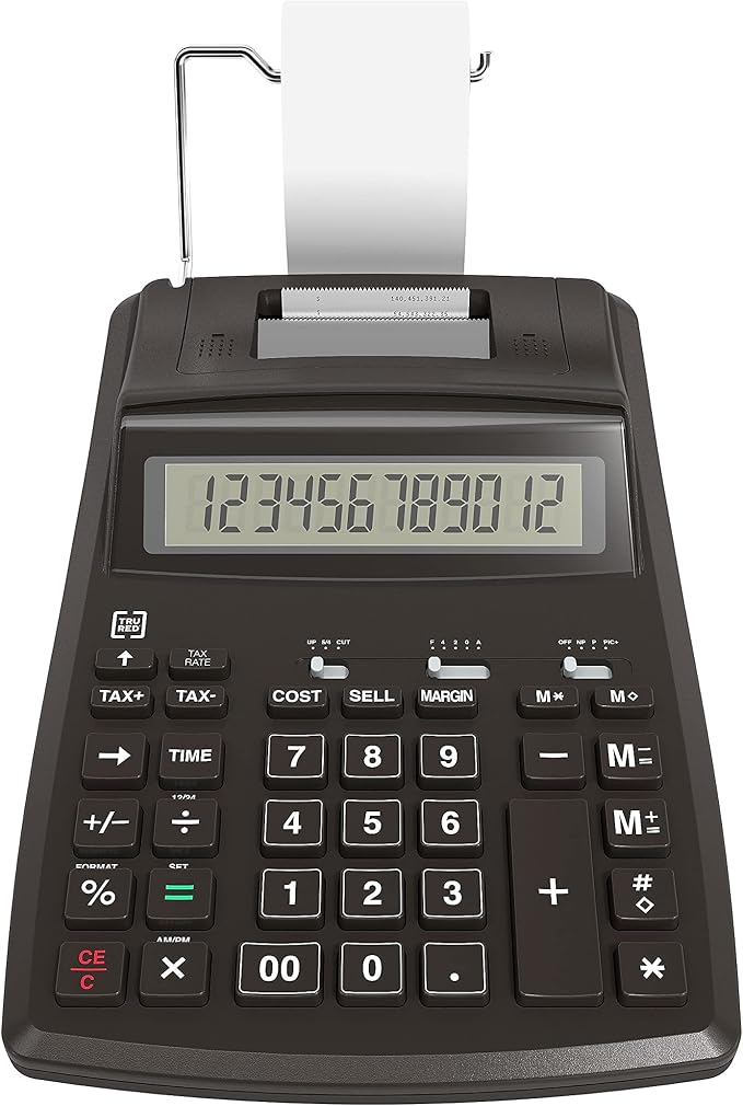 TRU RED 12-Digit Desktop Printing Calculator, Black, Paper Tape Printing, Large Display, Office Accounting & Business Use