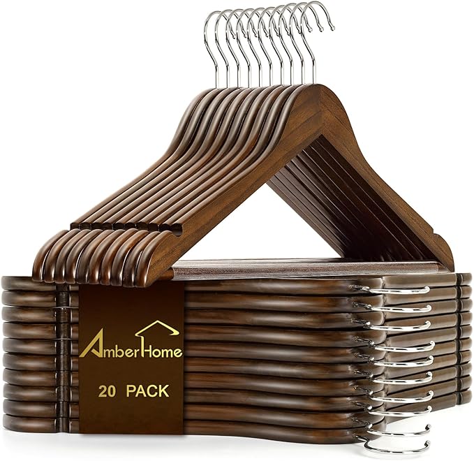 Amber Home 20 Pack Retro Wooden Coat Hangers, Vintage Wood Suit Hangers with Non-Slip Pant Bar, Clothes Hangers for Closet Organization, Shirts, Jackets, Dresses, and Pants (Retro, 20)