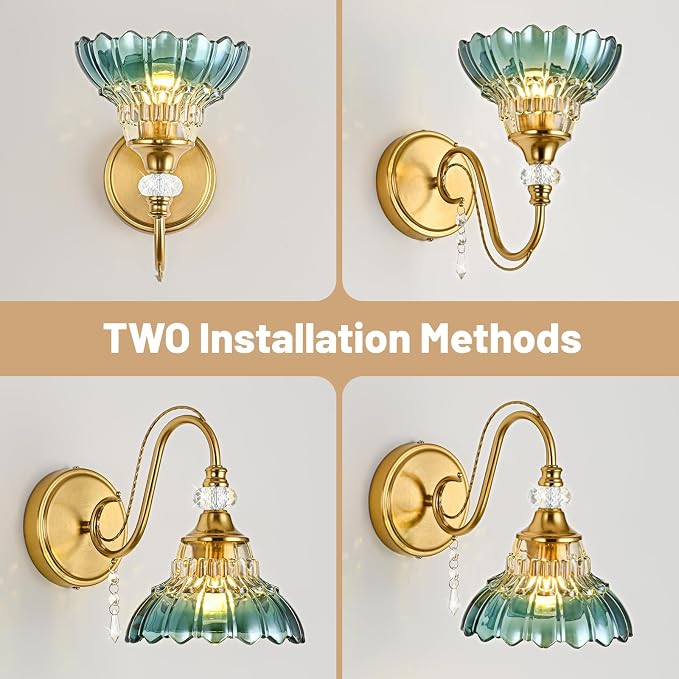 1 Piece Vintage Wall Sconce, 1-Light Brushed Gold Finish Wall Sconce with Hanging Crystal Accents and Flower-Shaped Teal Shades for Bathroom Bedroom Living Room,Vintage Vanity Light
