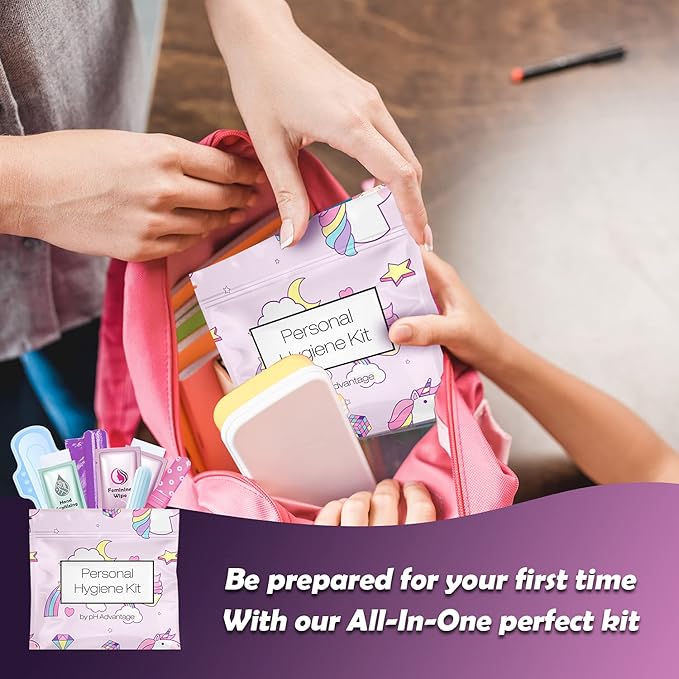 Menstrual Kit All-in-One 10 Pack | Convenience on The Go | Period Kit Pack for Travelling, Tweens & Teenager | Individually Wrapped Feminine Hygiene Product (Rainbows and Unicorns)