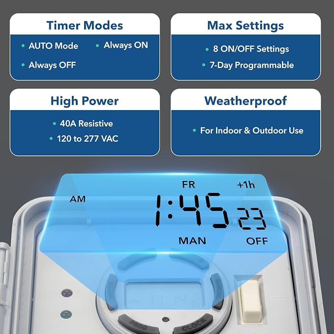 BN-LINK Pool Pump Timer Outdoor Digital Timer Box, Heavy Duty 7 Day Programmable, 2HP 40A Max, 120, 240, 277 VAC, for Pool Pump, Water Heater, Fans, SPA