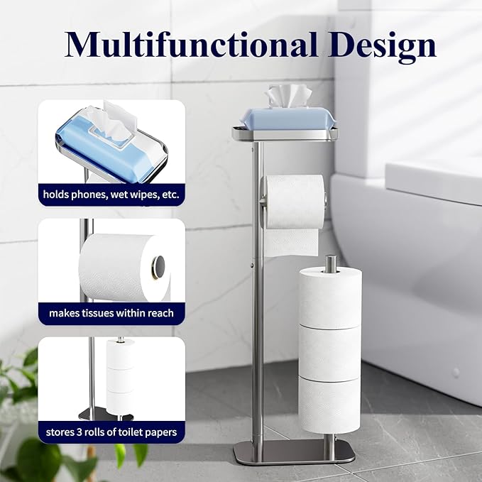 Kitsure Toilet Paper Holder Free Standing – Rustproof Metal Toilet Paper Stand for 4 Rolls with Anti-Slip Base and Shelf for Phone & Small Items, Bathroom Organizers and Storage, Medium, Chrome Silver