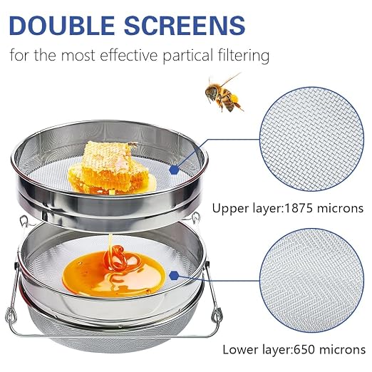 BEEXTM Honey Strainer Filter Stainless Steel Double Sieve for 5 Gal Bucket | Adjustable Arms 9"-16", 1875+650 Micron Dual Mesh, Food Grade, Easy Clean, for Beekeeping & Kitchen, for Honey, Yogurt, etc.