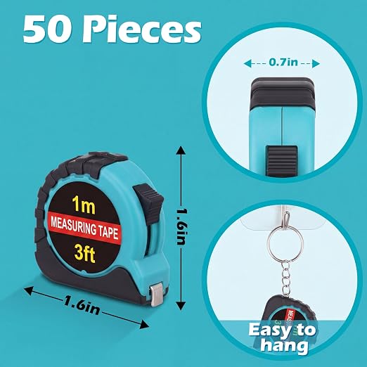 Kanayu 50 Pcs Mini Tape Measure Keychains 3 ft Small Retractable Measuring Tape Bulk with Lock Steel Easy Read Pocket for Birthday Party Favors Daily Use (Aqua Blue)