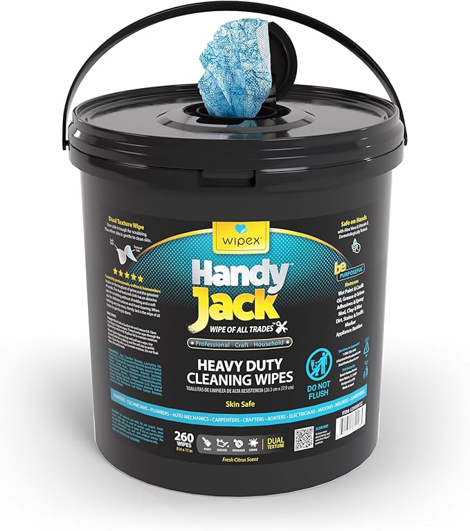 Wipex Handy Jack Heavy Duty Wipes, Dual Texture Cleaning Cloth, Use on Hands, Equipment, Tools - Removes Paint, Adhesives, Oil, Grease, & Dirt, Bulk Size, 260 Count (Pack of 1)