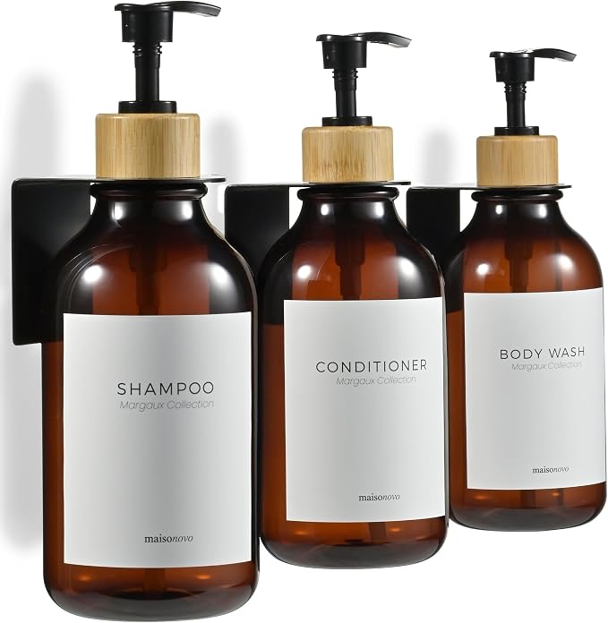 Shampoo and Conditioner Dispenser Wall Mounted Set of 3 Amber Bamboo - No Drill Shower Soap Dispenser for Bathroom Refillable - Spa Hotel Style Accessories by MaisoNovo | 500 ml Shower Gel Dispenser Set of 3. Refillable Shampoo and Conditioner Bottles....