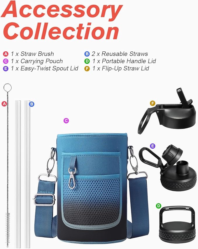 Coolflask Water Bottle 87 oz with Straw, 2/3 Gallon Insulated Stainless Steel Large 3 Lids Big Water Jug for Sports or Office, Non-BPA Keep Cold Up to 48 Hrs or Hot Up to 24 Hrs, Samurai Cyan