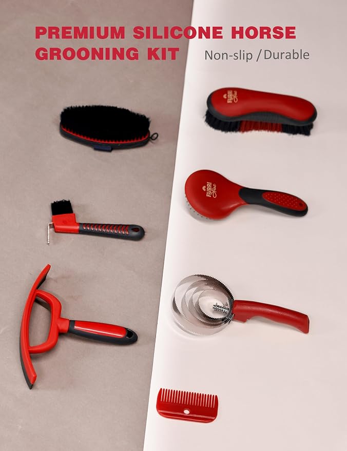 Horse Grooming Kit, 9 Piece Grooming Brush Set with Silicone Curry Comb for Bathing & Shedding Shadowberry