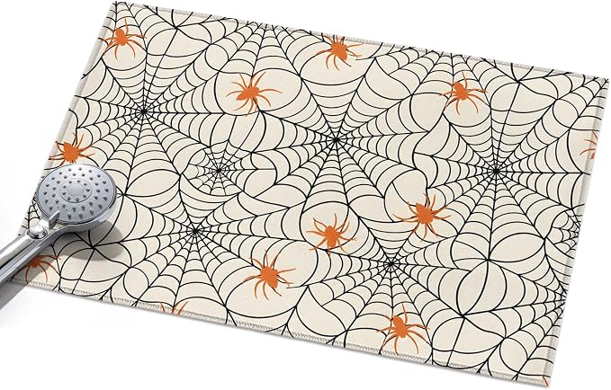 Entryway Area Rug 2'x3', Halloween Washable Small Area Rugs for Kitchen Bathroom Bedroom Office Laundry, Orange Black Net Classic Spiders Gingham Non Slip Door Mat Indoor Entrance Floor Throw Carpet
