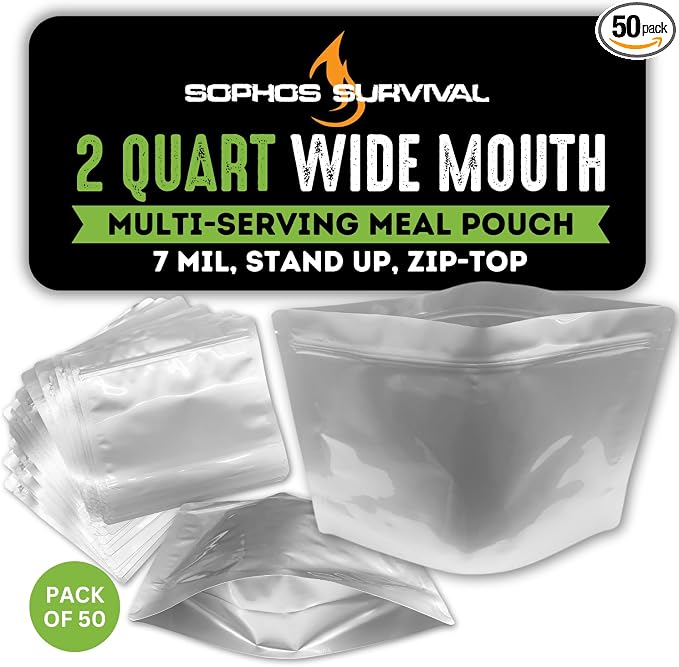 50 Mylar Bags for Food Storage, Airtight 7-Mil Thick Gusseted Zip Lock, Long Term, Reusable, Emergency Food Supply & Freeze Dryer Bags - 2 Quart 10.5x9.5 Inch