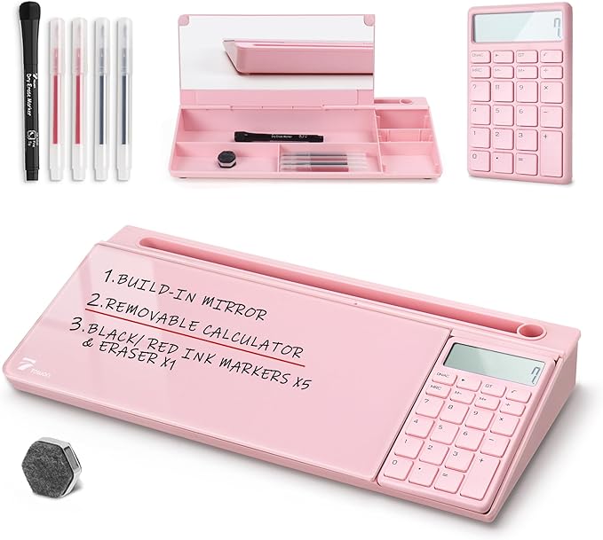 TOWON Desk Dry Erase Board with Detachable Calculator, Small Glass Desktop Whiteboard, Desktop whiteboard - Glass Dry Erase White Board- Desk Computer Buddy for Home Office Supply, Pink, 17 x 6 in